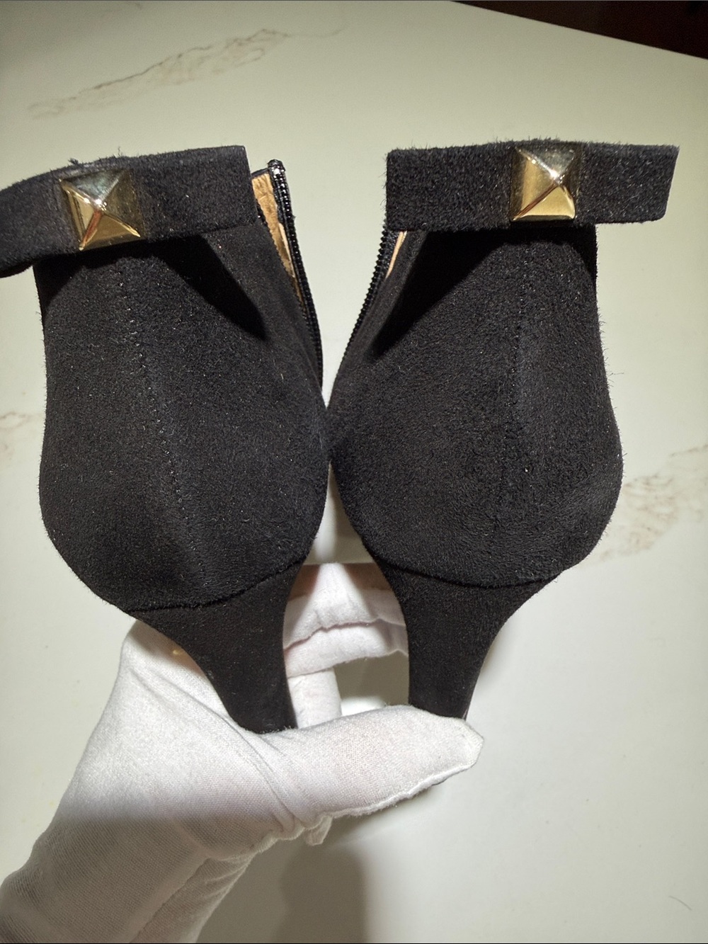 KATE SPADE 4” Heel Leather Suede Booties Black Gold Inside Heel, Size 11B - Picture 3 of 11